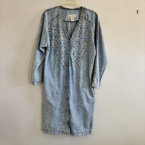 Embellished Denim Midi Dress Rhinestones Studs Button Front VNeck